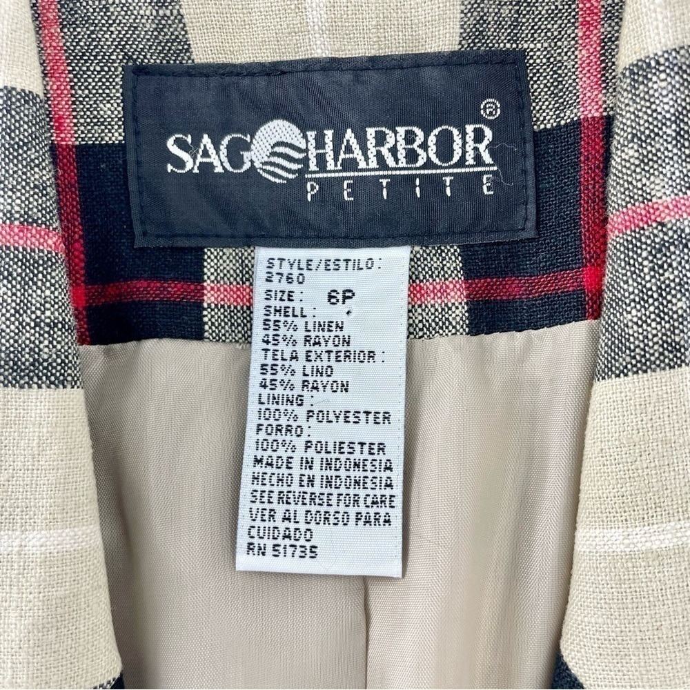 SAG HARBOR plaid‎ vintage Linen Neutral Check Plaid Retro Long Line Blazer 6P - Picture 4 of 11